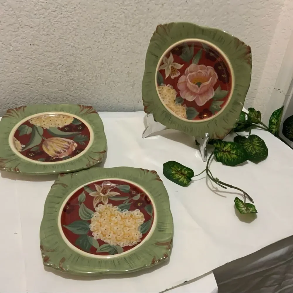 3 Certified International Pamela Gladding salad Plate Hand Painted Floral 8.5”
